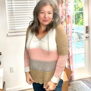 Color block V neck Stripe Hoodie Sweater Top L